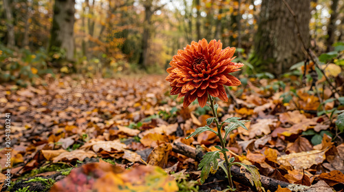 Vibrant orange flower stands out amidst autumn foliage in forest.