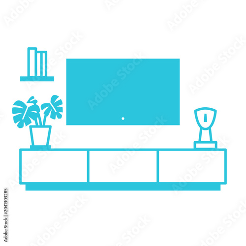 Home Cinema, Living room, Isolated on white background. Blue icon set.