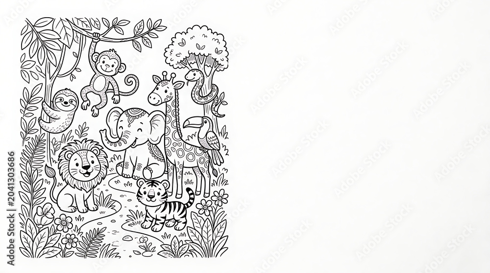 Obraz premium Jungle animal group coloring page with lion and elephant