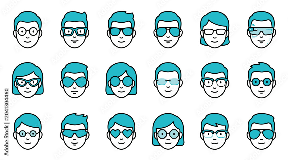 Fototapeta premium Collection of diverse people faces with various styles of eyeglasses and sunglasses icons in a clean flat design