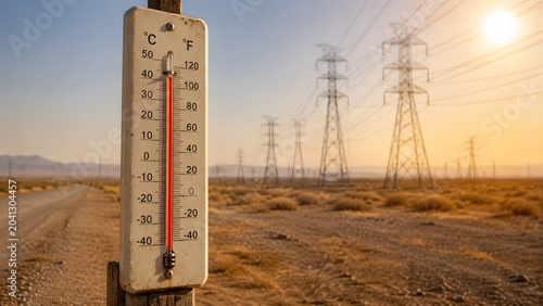 Thermometer with power lines during extreme summer electricity demand