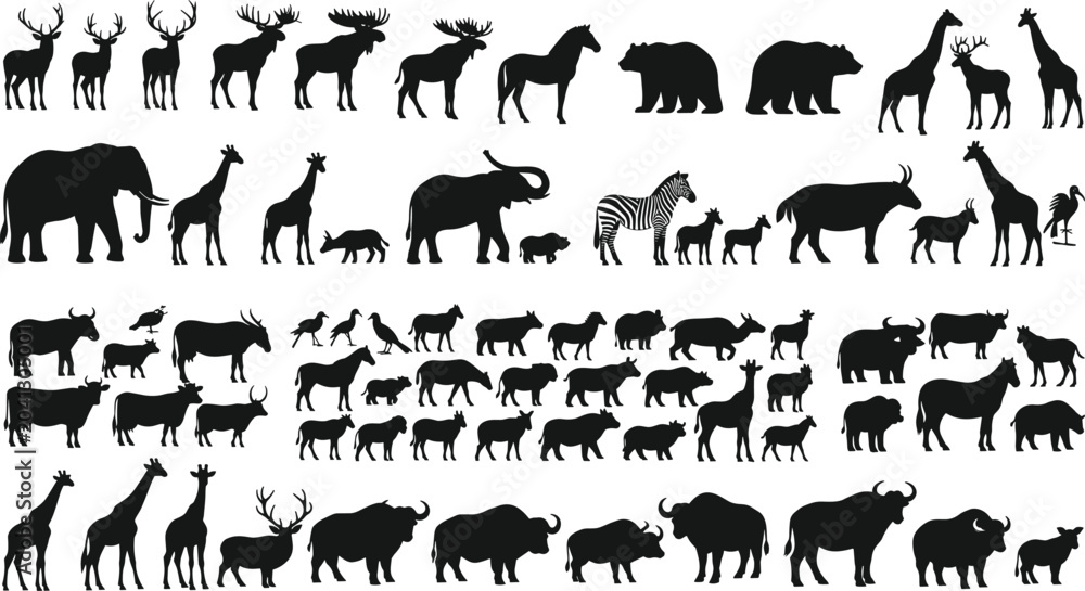 Obraz premium Wild Animal Silhouette Collection with Deer Moose Giraffe Elephant Buffalo Bear and Safari Wildlife Vector Set