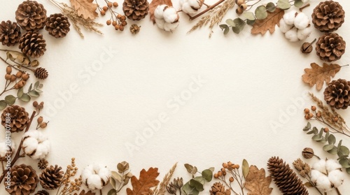 Autumnal frame with pine cones and cotton on white background
