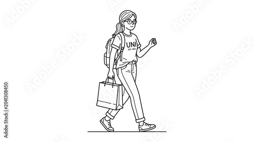 Tableau sur toile Student Walking with Backpack and Shopping Bag, Line Art Illustration