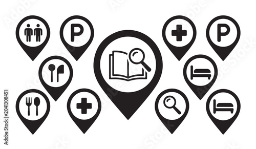 Foto Various location pins representing points of interest like parking hospitals and lodging