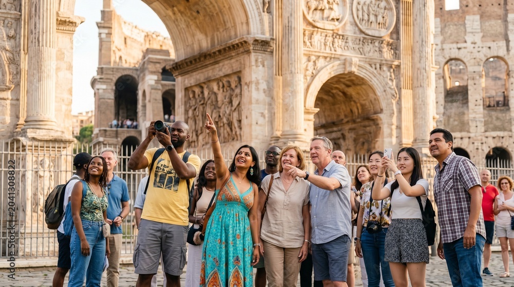Naklejka premium Diverse group of tourists exploring ancient Roman landmarks and taking photos