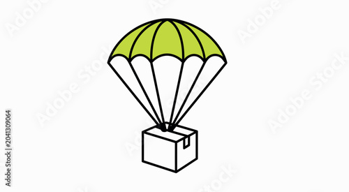 Foto parachute with attached square package, delivery and air cargo concept illustration with floating supply box, clean vector design isolated on white background for logistics themes