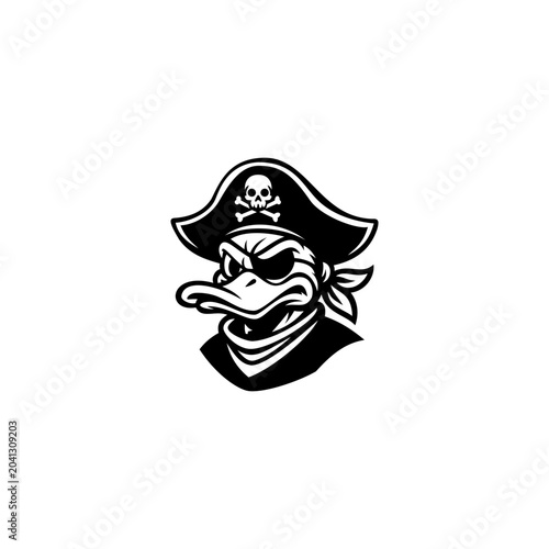 Pirate duck vector mascot logo, black and white angry captain bird head illustration, aggressive animal emblem isolated on white background