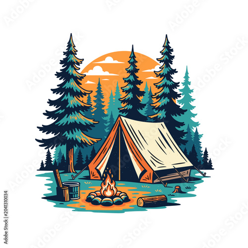 Vintage Camping Adventure Illustration with Tent Campfire Pine Trees and Sunset Forest Scene