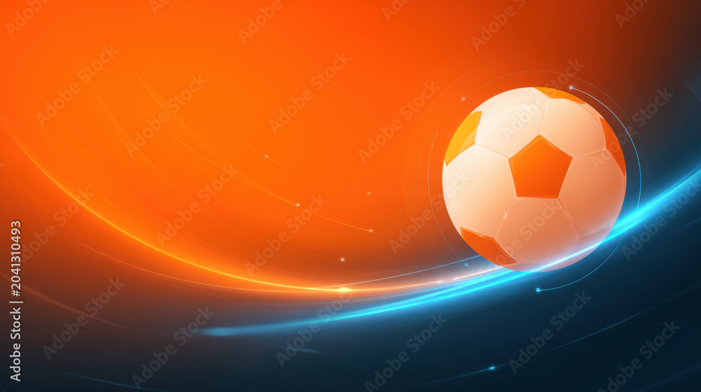 Fototapeta premium Soccer ball on orange and blue abstract background, glowing sport motion backdrop