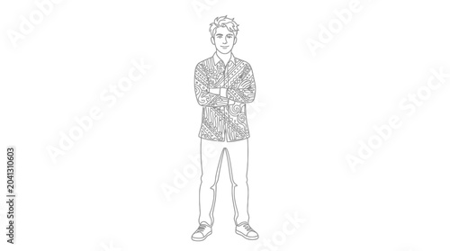 Foto Young Man Standing Confident with Arms Crossed, Minimalist Line Art Illustration