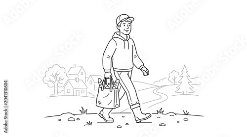 Obraz na płótnie Young Man Walking with Groceries in a Rural Village