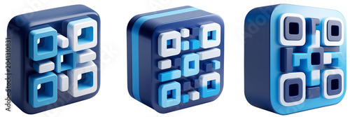 Stylized 3d QR Code Icons with Blue and White Geometric Blocks