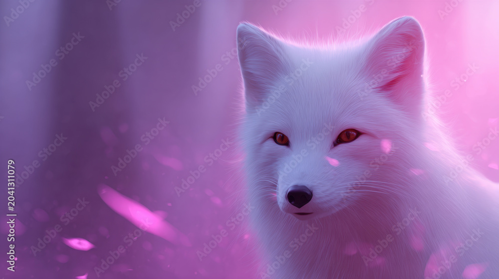 Fototapeta premium White fox spirit fox moonlight pink glow fantasy animal fluffy fur glowing eyes magical forest ethereal creature serene gaze