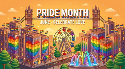 Pride Month Cityscape Celebrating Love with Rainbow Flags and Buildings