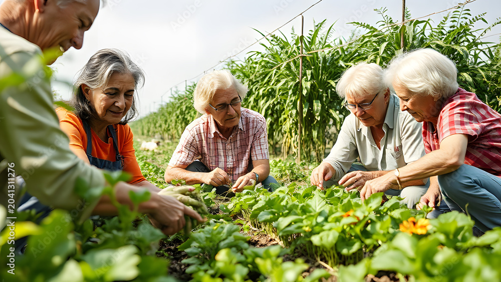 Fototapeta premium Intergenerational Sustainable Agriculture Learning Group: Diverse Ages Collaborating on Eco-Friendly Farming Practices, Sharing Knowledge for a Sustai