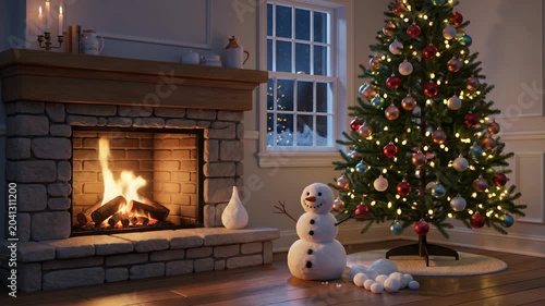 Cozy fireplace and decorated Christmas tree in warm living room