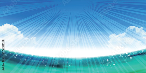 Sticker Bright summer sky sunburst with sparkling turquoise ocean wave background