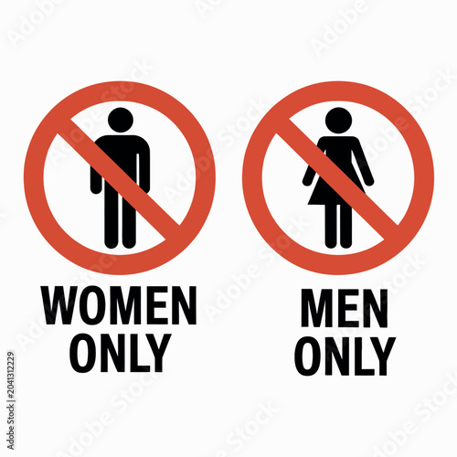 no men or no women signs, men only and women only warning labels, gender restriction symbol set, bathroom access control icons, prohibited entry signage collection, minimal flat vector illustration.
