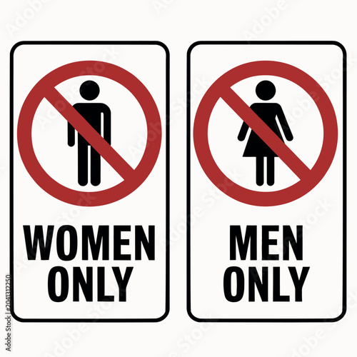 no men or no women signs, men only and women only warning labels, gender segregation notice icons, prohibition symbol collection, modern doodle flat and outline style vector illustration system.
