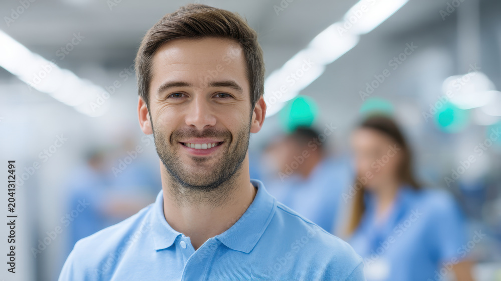 Fototapeta premium Smiling male employee in cable factory, blue uniform, modern manufacturing workplace, blurred background