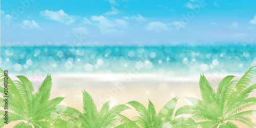 Canvas Print Beautiful tropical beach background with sparkling blue sea and palm leaves