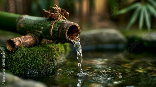 Water flows from a bamboo fountain into a small pond surrounded by mossy rocks in a tranquil garden setting for zen meditation and reflection.