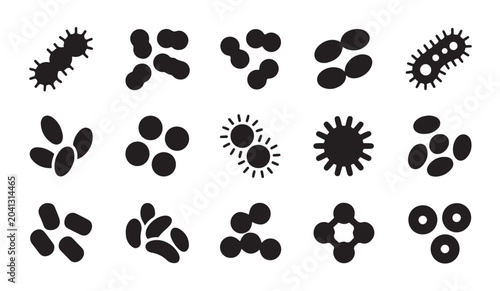 Foto Bacteria and virus cells, black microbe, microorganism, germ, pathogen, disease vector illustration set