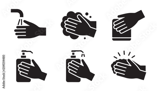 Canvas Print Hand washing steps, hygiene, personal care, sanitizer, soap and water flat black icon set