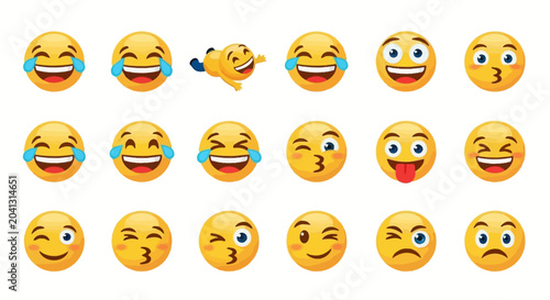 Collection of smiling emoji faces illustrating various emotional expressions