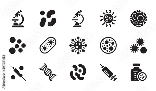 Photography Science lab icons depicting microscopic bacterial strains and medical vaccination research
