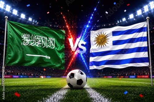Saudi arabia vs uruguay intense soccer match stadium digital art competitive environment dynamic perspective sports rivalry ,  2026