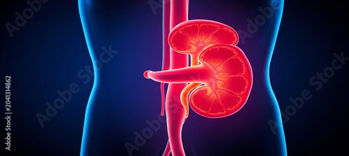 Anatomical illustration of the human urinary system highlighting the kidneys and ureters
