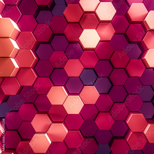 3d rendered background of patterned hexagons in vivid saturated pink and red colors. Three dimensional hex shapes in geometrical patterns for vibrant colorful scientific or technical 3d backgrounds.