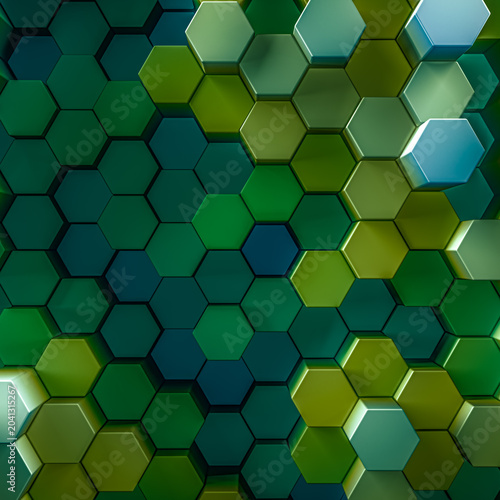3d rendered background of patterned hexagons in vivid saturated blue and green colors. Three dimensional hex shapes in geometrical patterns for vibrant colorful scientific or technical 3d backgrounds