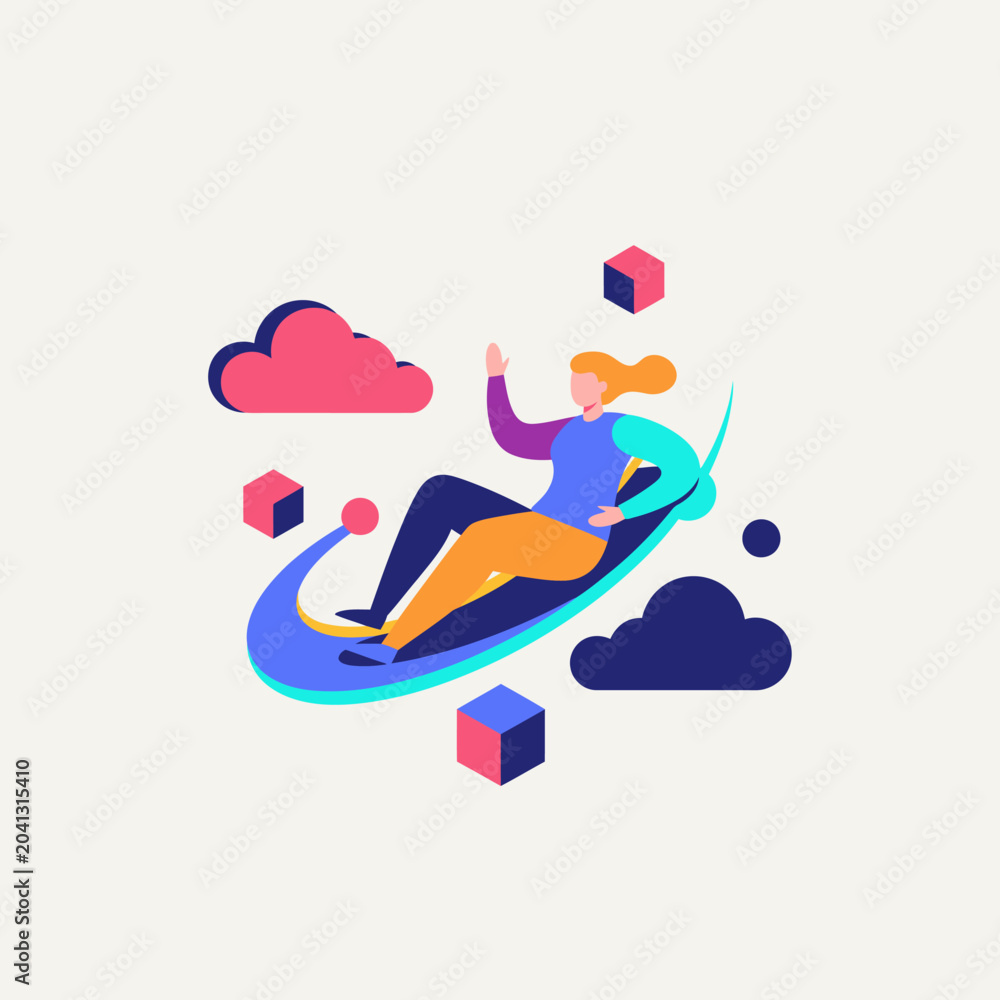 Fototapeta premium Modern flat design illustration of a woman interacting with cloud technology, surrounded by abstract data elements and floating cubes, symbolizing digital freedom and innovation.