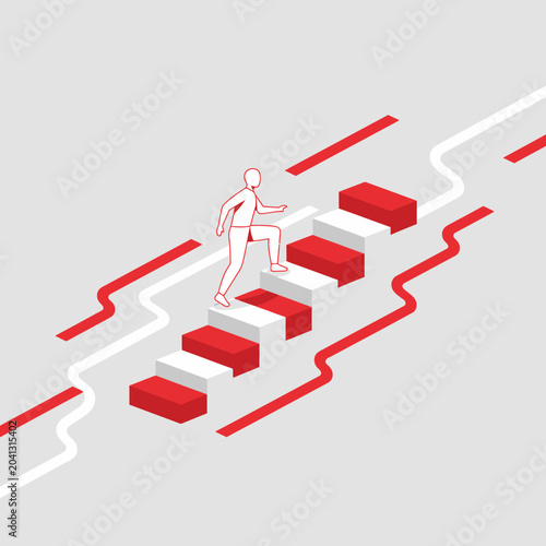 Isometric illustration of a person climbing stairs, symbolizing career growth, personal development, and the journey to success and achievement.