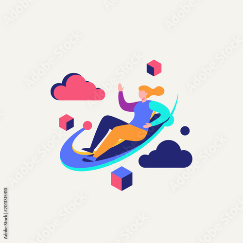 Modern flat design illustration of a woman interacting with cloud technology, surrounded by abstract data elements and floating cubes, symbolizing digital freedom and innovation.