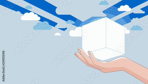Hand holding a white cube with blue abstract lines and clouds flowing from above, representing innovation and technology