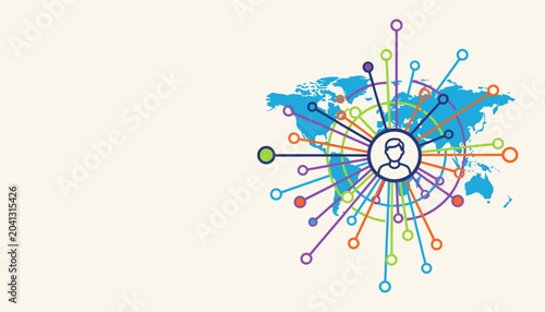 Global network connection concept with human icon at center and world map background