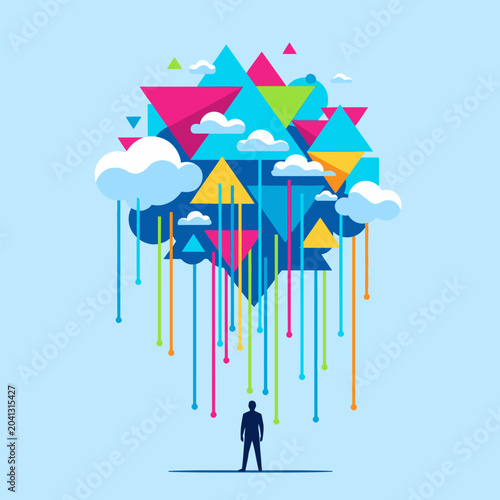 Abstract geometric shapes and colorful lines falling from clouds above a person's silhouette