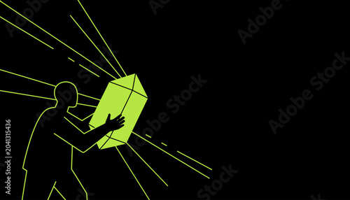 Silhouette of a person holding a glowing geometric object emitting light rays against a black background