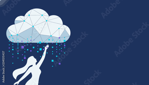 Silhouette of a woman reaching up to a digital cloud with geometric connections and falling data cubes, representing technology and connectivity