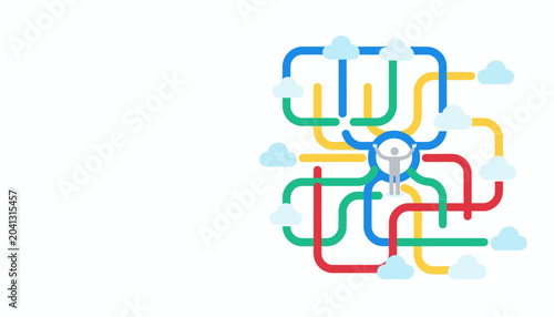 Abstract representation of a human figure connected to a network of colorful lines and clouds, symbolizing connection and technology.