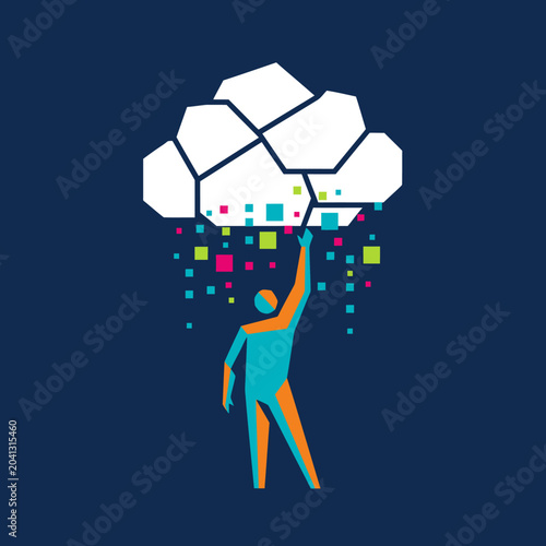 Abstract human figure reaching for a digital cloud with colorful data falling down, representing technology and innovation