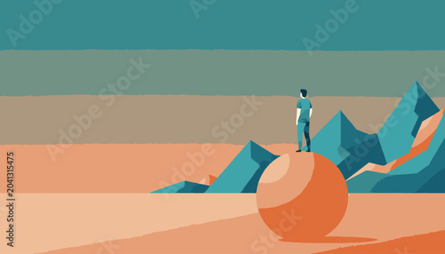 Man standing on a sphere overlooking a surreal, abstract landscape with mountains and a vast sky