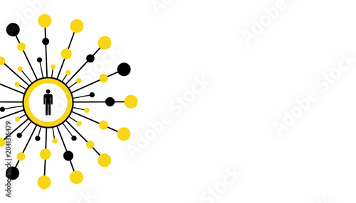 Abstract representation of a person at the center of a network, connections, data, communication, and growth