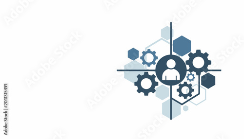 Abstract human resource management concept with connected gears and hexagonal shapes on white background