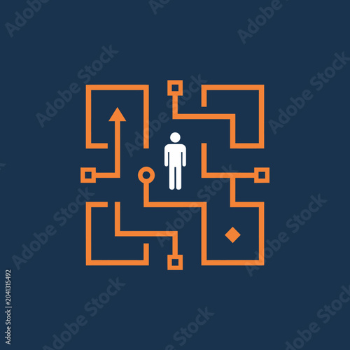 Abstract maze with a person icon in the center, representing a complex problem or decision-making process.