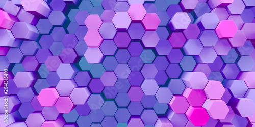 3d rendered background of patterned hexagons in light pink, purple, and blue pastels. Collage of three dimensional hex shapes in geometrical connected patterns for soft colorful 3d backgrounds.